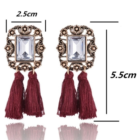 Red Wine Tassel Gem Drop Dangling Fashion Earrings - Picture 3 of 3
